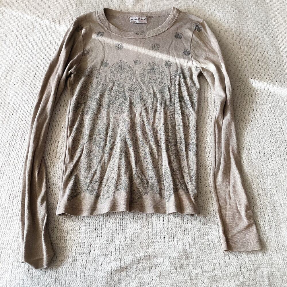 Michael Stars Tan Long Sleeve Mandela Print Top - One Size